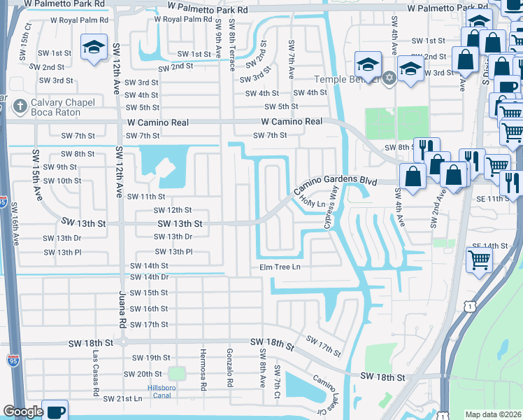 map of restaurants, bars, coffee shops, grocery stores, and more near 1223 Pepperridge Terrace in Boca Raton