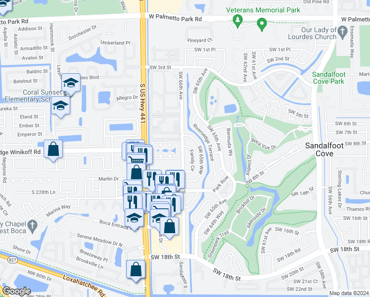 map of restaurants, bars, coffee shops, grocery stores, and more near 22667 Family Circle in Boca Raton