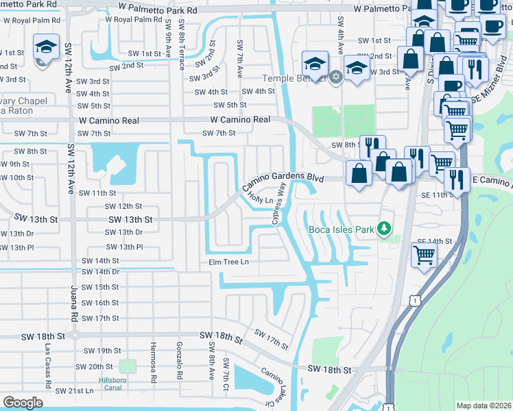 map of restaurants, bars, coffee shops, grocery stores, and more near 646 Juneberry Court in Boca Raton