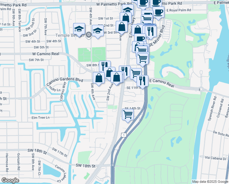 map of restaurants, bars, coffee shops, grocery stores, and more near 170 West Camino Real in Boca Raton