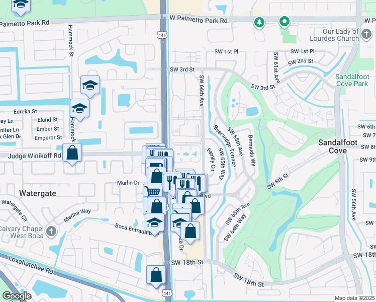 map of restaurants, bars, coffee shops, grocery stores, and more near 9835 Three Lakes Circle in Boca Raton