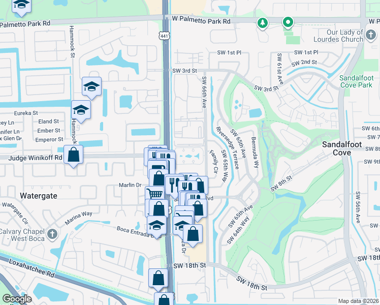 map of restaurants, bars, coffee shops, grocery stores, and more near 9835 Three Lakes Circle in Boca Raton