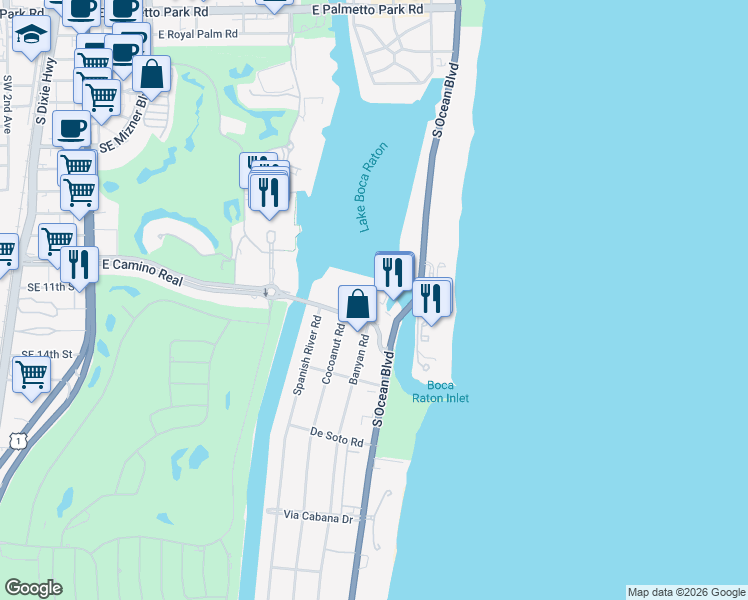 map of restaurants, bars, coffee shops, grocery stores, and more near 875 East Camino Real in Boca Raton
