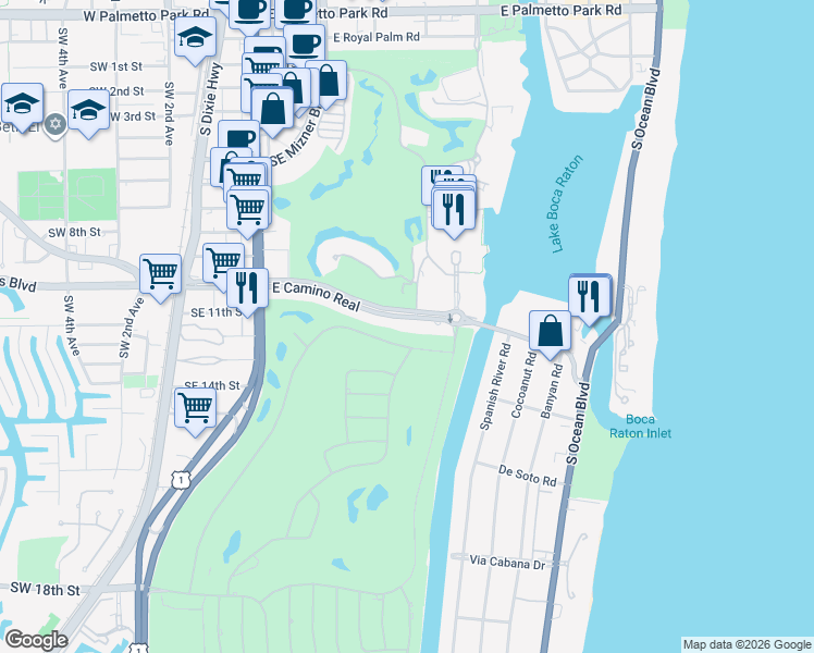 map of restaurants, bars, coffee shops, grocery stores, and more near 336 East Camino Real in Boca Raton