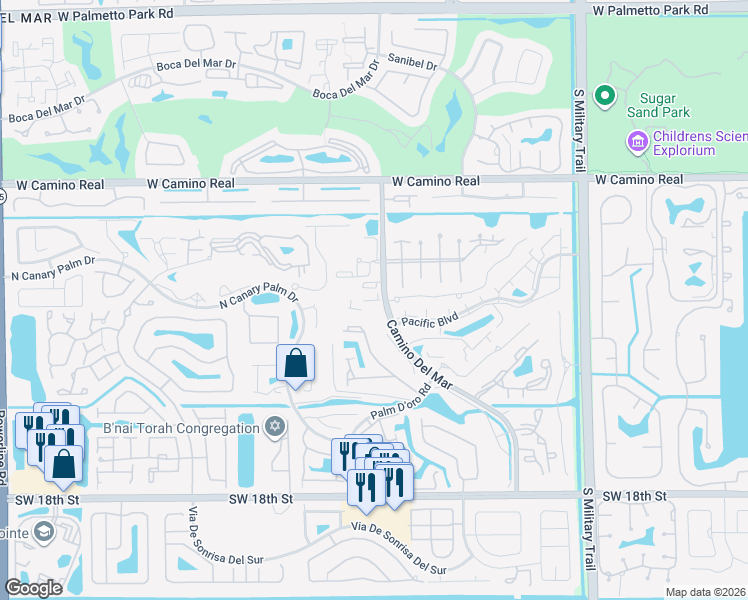 map of restaurants, bars, coffee shops, grocery stores, and more near 22725 Camino Del Mar in Boca Raton