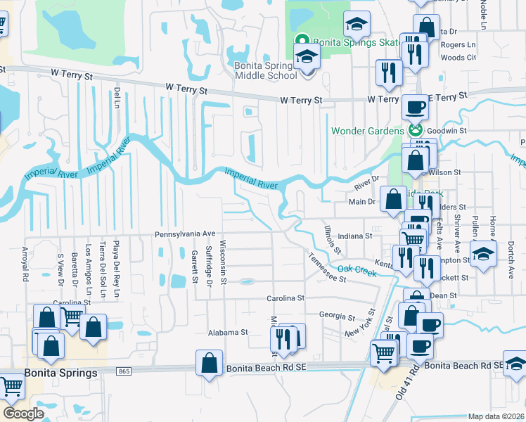 map of restaurants, bars, coffee shops, grocery stores, and more near 27275 Tennessee Street in Bonita Springs