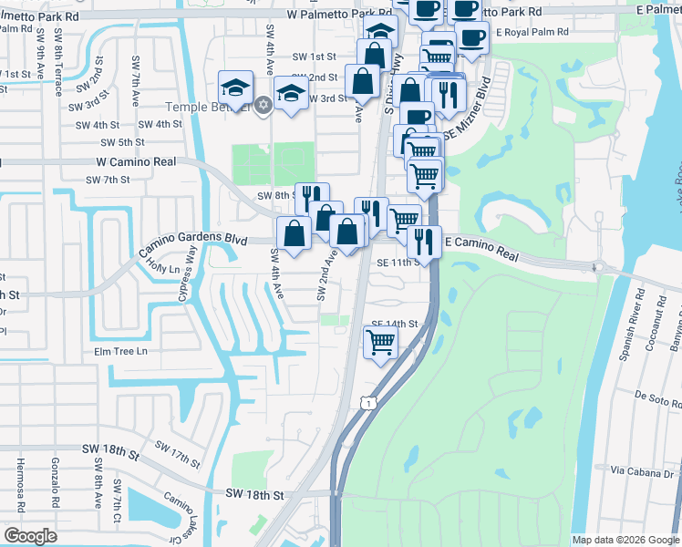 map of restaurants, bars, coffee shops, grocery stores, and more near 170 West Camino Real in Boca Raton