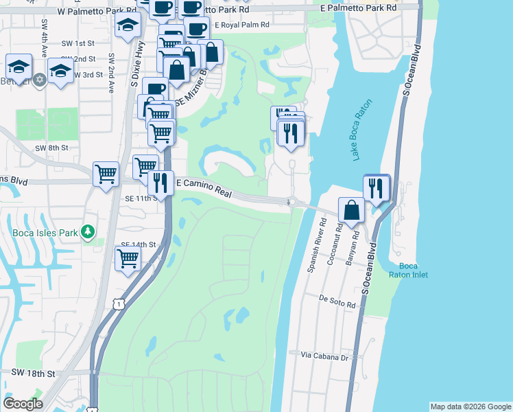 map of restaurants, bars, coffee shops, grocery stores, and more near 336 East Camino Real in Boca Raton