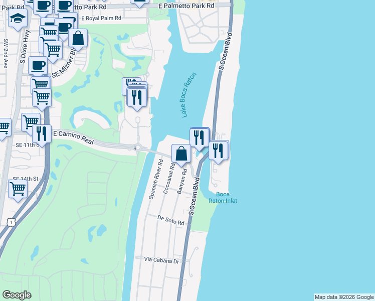 map of restaurants, bars, coffee shops, grocery stores, and more near 875 East Camino Real in Boca Raton
