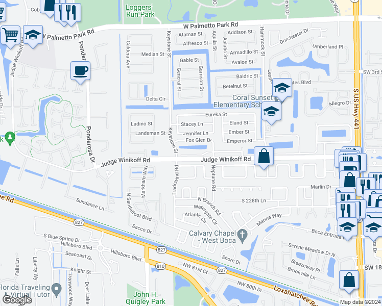 map of restaurants, bars, coffee shops, grocery stores, and more near 10840 Fox Glen Drive in Boca Raton