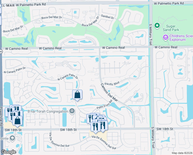 map of restaurants, bars, coffee shops, grocery stores, and more near 22725 Camino Del Mar in Boca Raton