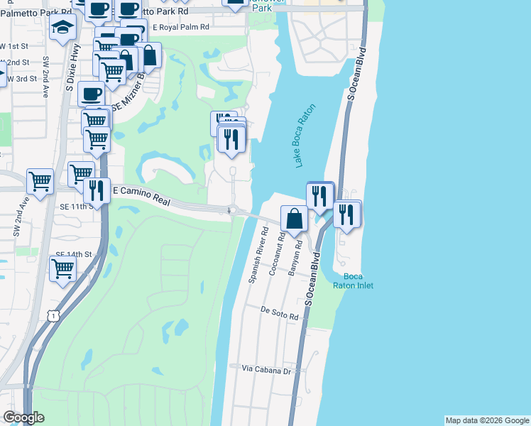 map of restaurants, bars, coffee shops, grocery stores, and more near 701 East Camino Real in Boca Raton
