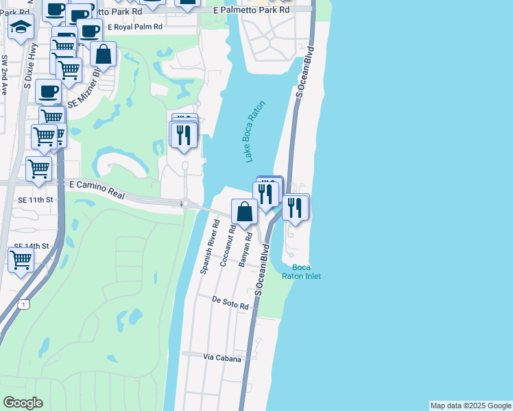 map of restaurants, bars, coffee shops, grocery stores, and more near 875 East Camino Real in Boca Raton