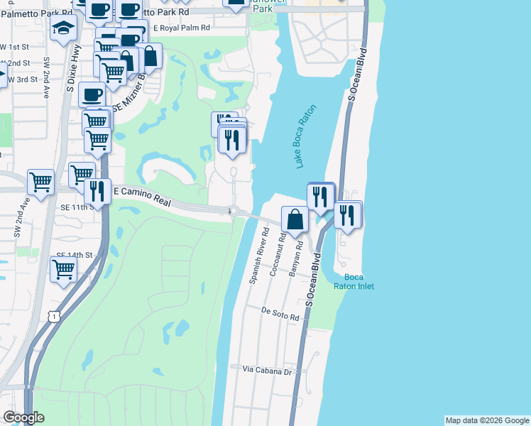 map of restaurants, bars, coffee shops, grocery stores, and more near 701 East Camino Real in Boca Raton