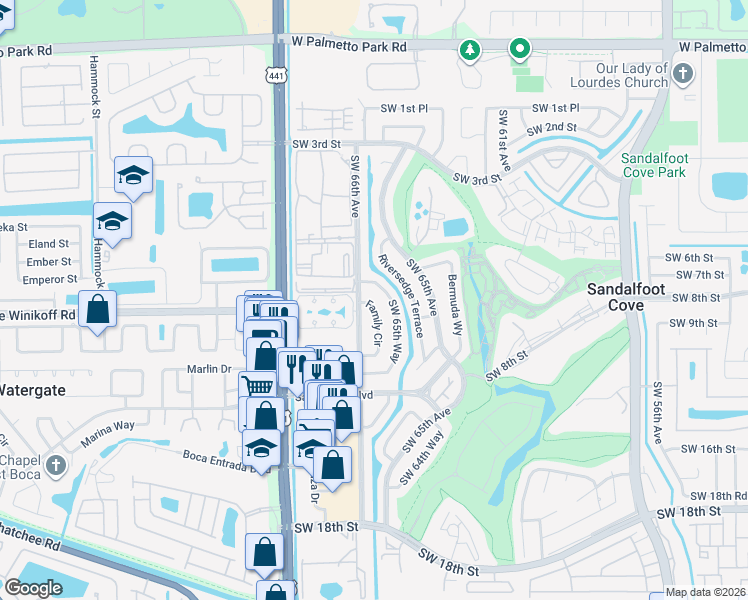 map of restaurants, bars, coffee shops, grocery stores, and more near 22617 Southwest 65th Way in Boca Raton