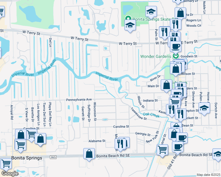 map of restaurants, bars, coffee shops, grocery stores, and more near 27275 Tennessee Street in Bonita Springs