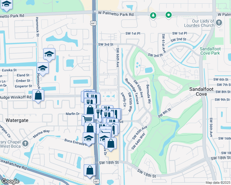 map of restaurants, bars, coffee shops, grocery stores, and more near 9835 Three Lakes Circle in Boca Raton