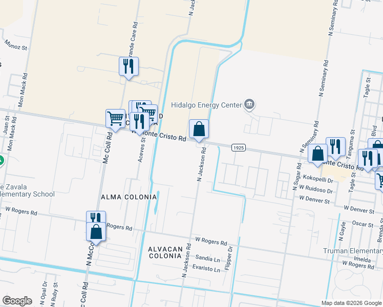 map of restaurants, bars, coffee shops, grocery stores, and more near 2208 West Monte Cristo Road in Edinburg