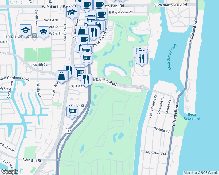 map of restaurants, bars, coffee shops, grocery stores, and more near 202 East Camino Real in Boca Raton