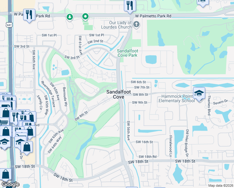 map of restaurants, bars, coffee shops, grocery stores, and more near in Sandalfoot Cove