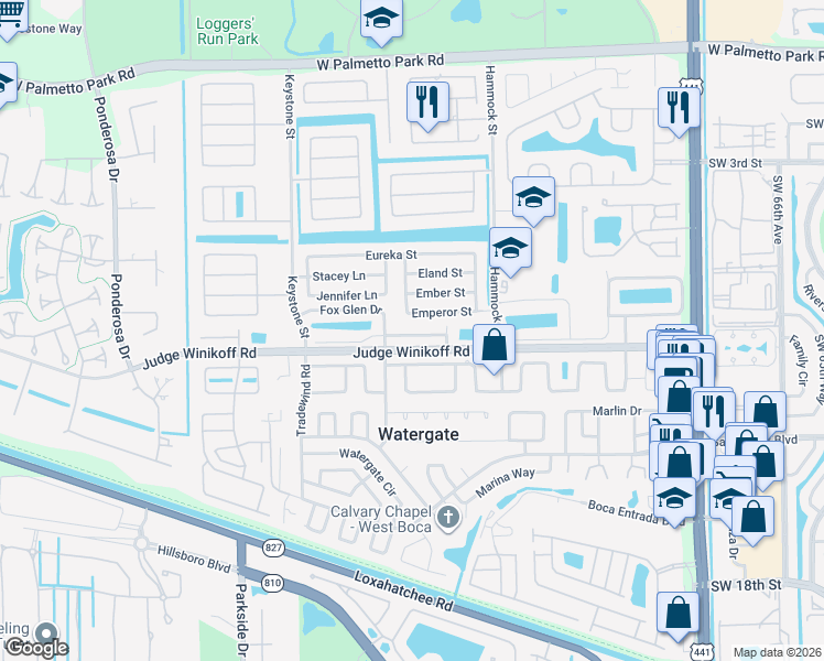 map of restaurants, bars, coffee shops, grocery stores, and more near 10663 Palm Spring Drive in Boca Raton