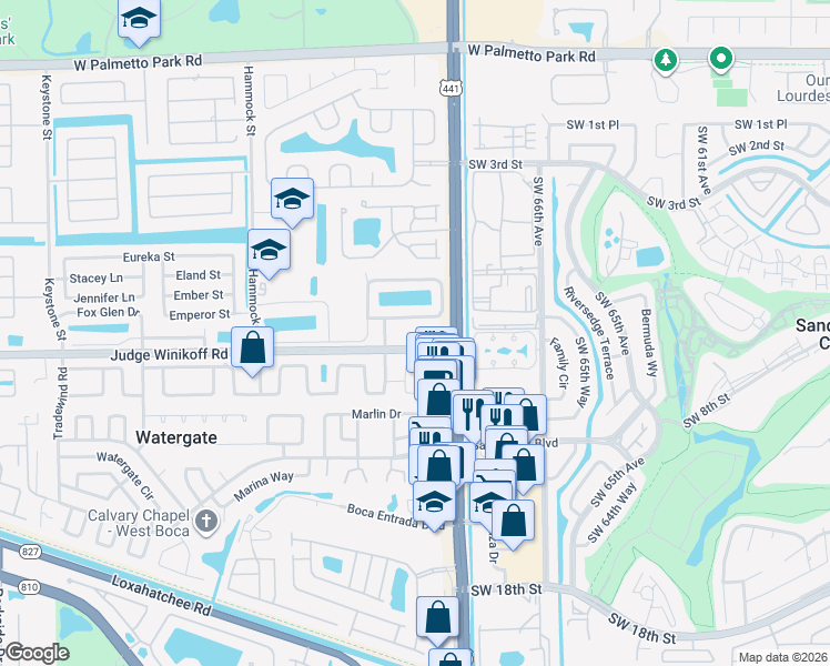 map of restaurants, bars, coffee shops, grocery stores, and more near 10101 Judge Winikoff Road in Boca Raton