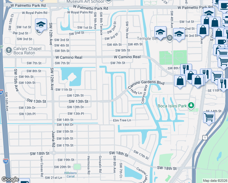 map of restaurants, bars, coffee shops, grocery stores, and more near 1140 Pepperridge Terrace in Boca Raton