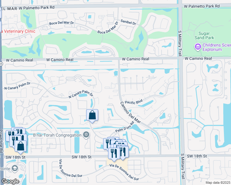 map of restaurants, bars, coffee shops, grocery stores, and more near 22725 Camino Del Mar in Boca Raton
