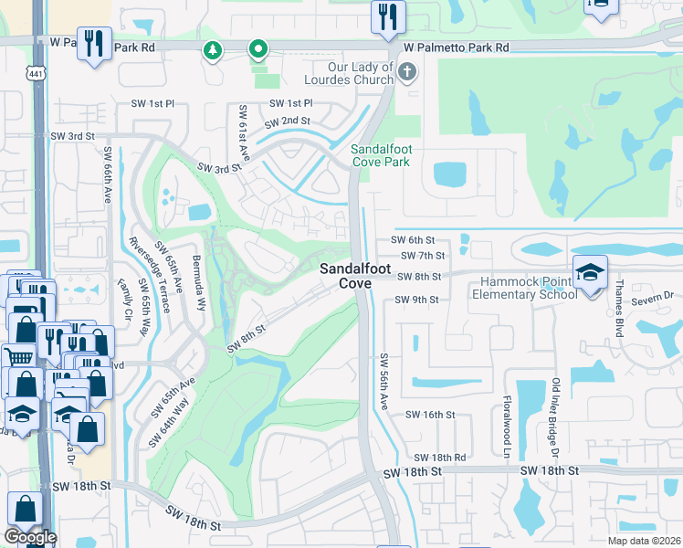 map of restaurants, bars, coffee shops, grocery stores, and more near in Sandalfoot Cove