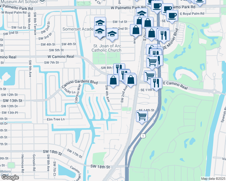 map of restaurants, bars, coffee shops, grocery stores, and more near 370w Camino Gardens Boulevard in Boca Raton