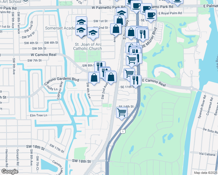 map of restaurants, bars, coffee shops, grocery stores, and more near 170 West Camino Real in Boca Raton