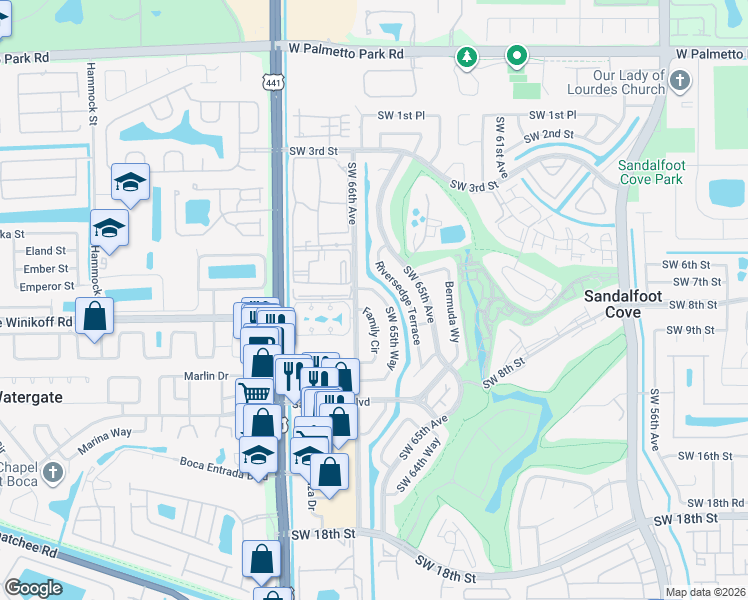 map of restaurants, bars, coffee shops, grocery stores, and more near 22617 Southwest 65th Way in Boca Raton
