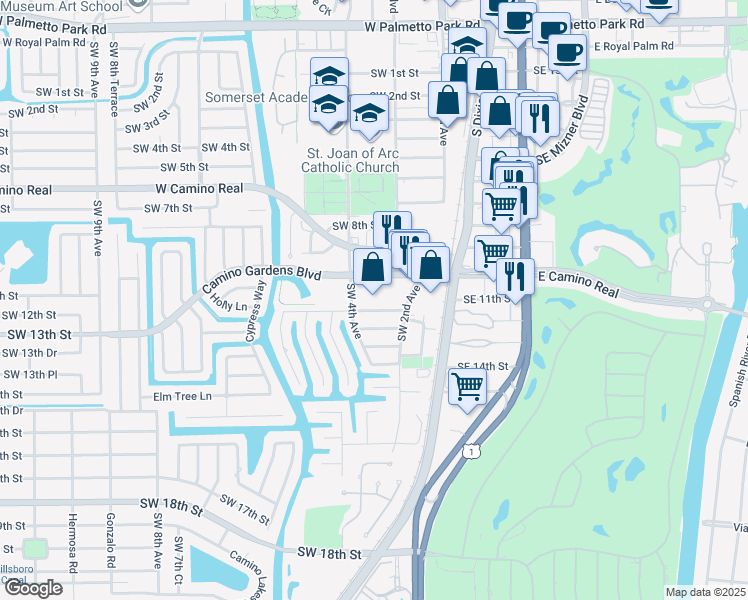 map of restaurants, bars, coffee shops, grocery stores, and more near 370w Camino Gardens Boulevard in Boca Raton