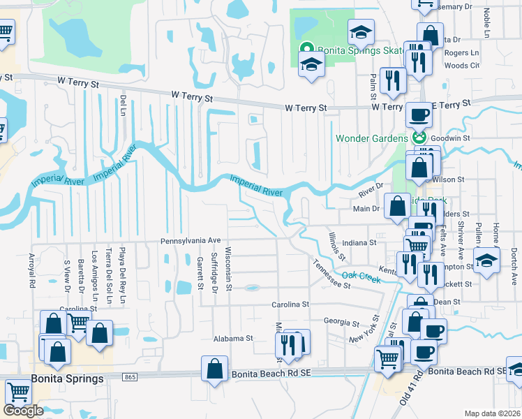 map of restaurants, bars, coffee shops, grocery stores, and more near 27275 Tennessee Street in Bonita Springs