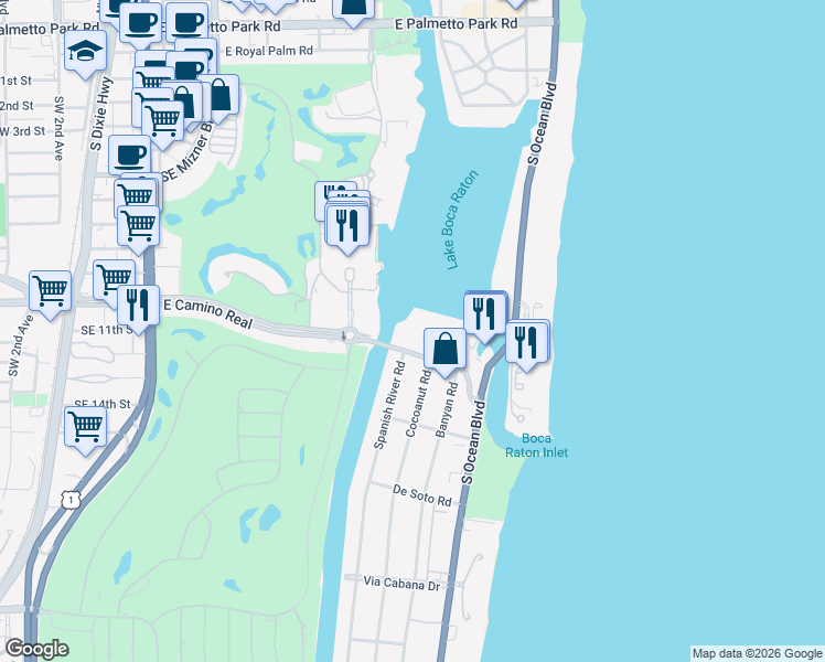 map of restaurants, bars, coffee shops, grocery stores, and more near 701 East Camino Real in Boca Raton