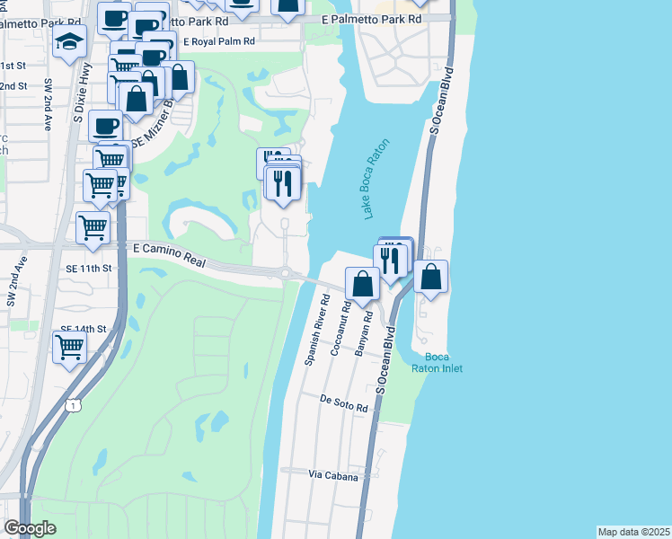 map of restaurants, bars, coffee shops, grocery stores, and more near 701 East Camino Real in Boca Raton