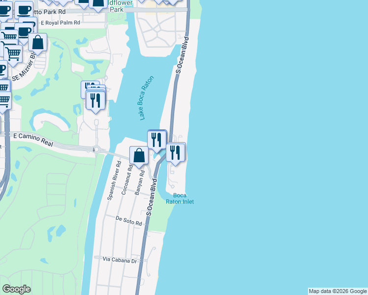 map of restaurants, bars, coffee shops, grocery stores, and more near 900 South Ocean Boulevard in Boca Raton