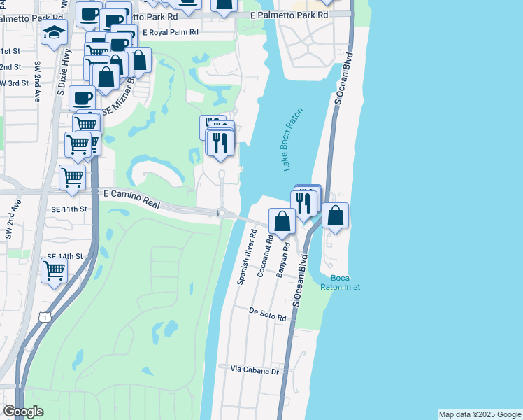 map of restaurants, bars, coffee shops, grocery stores, and more near 701 East Camino Real in Boca Raton