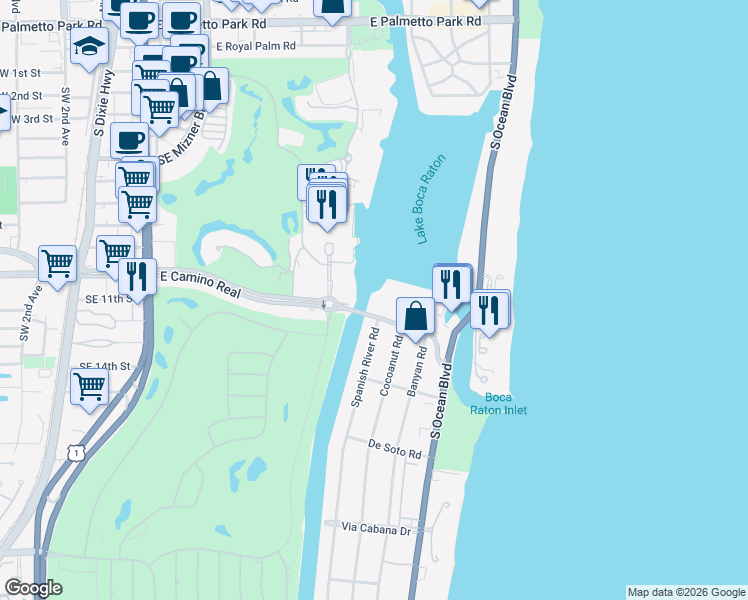 map of restaurants, bars, coffee shops, grocery stores, and more near 701 East Camino Real in Boca Raton