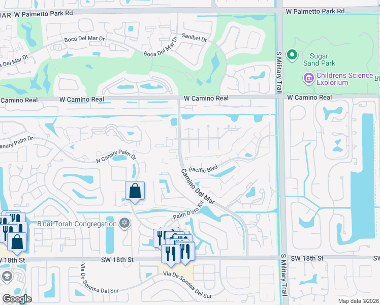 map of restaurants, bars, coffee shops, grocery stores, and more near 5851 Camino Del Sol in Boca Raton