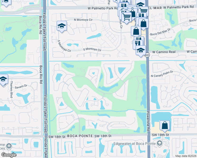 map of restaurants, bars, coffee shops, grocery stores, and more near 22660 Caravelle Circle in Boca Raton