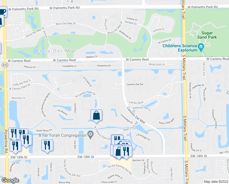 map of restaurants, bars, coffee shops, grocery stores, and more near 22689 Camino Del Mar in Boca Raton