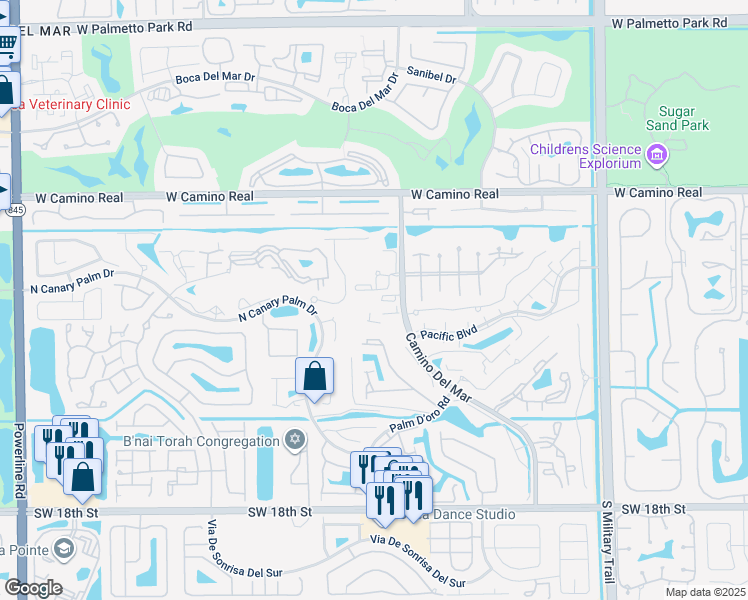 map of restaurants, bars, coffee shops, grocery stores, and more near 22725 Camino Del Mar in Boca Raton