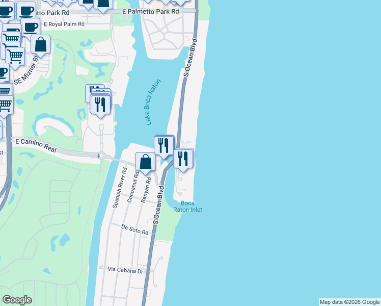 map of restaurants, bars, coffee shops, grocery stores, and more near 800 South Ocean Boulevard in Boca Raton