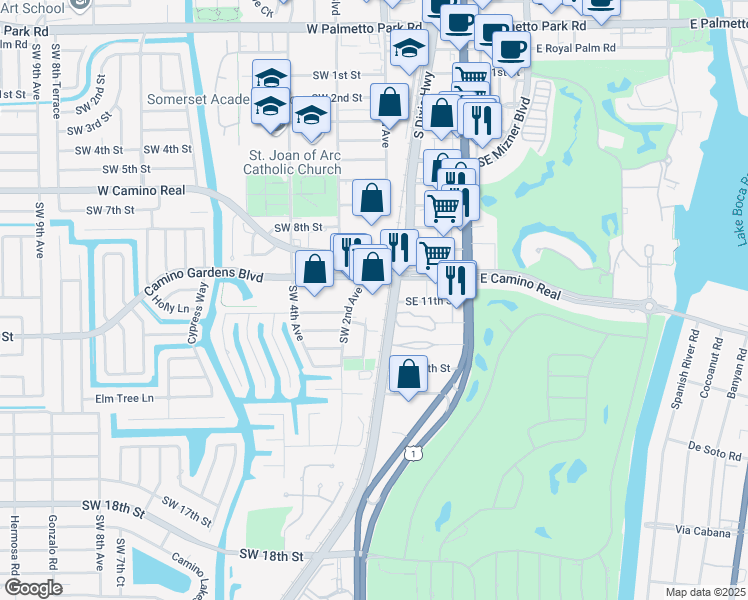 map of restaurants, bars, coffee shops, grocery stores, and more near 2 East Camino Real in Boca Raton