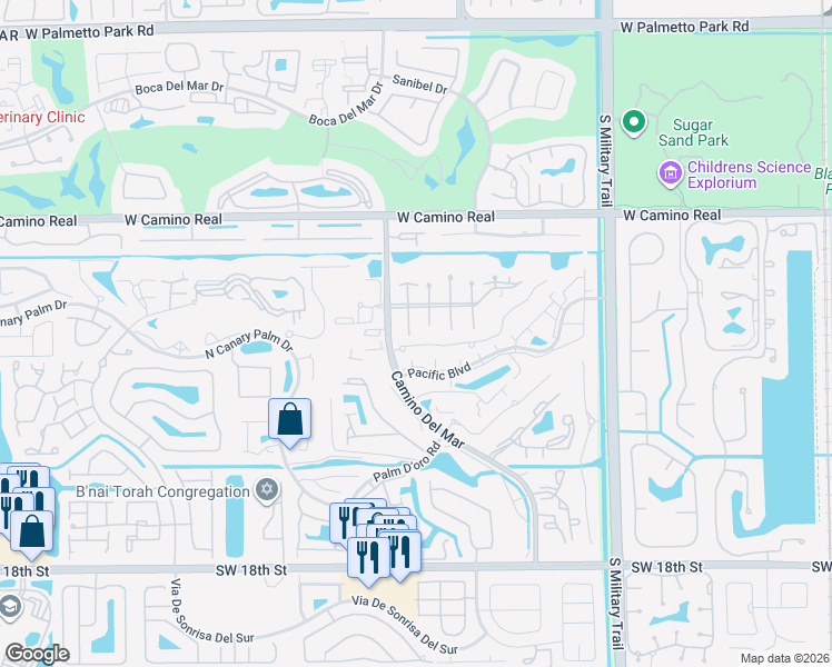 map of restaurants, bars, coffee shops, grocery stores, and more near 5851 Camino Del Sol in Boca Raton