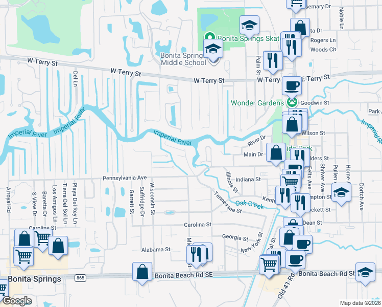 map of restaurants, bars, coffee shops, grocery stores, and more near 27270 Tennessee St in Bonita Springs