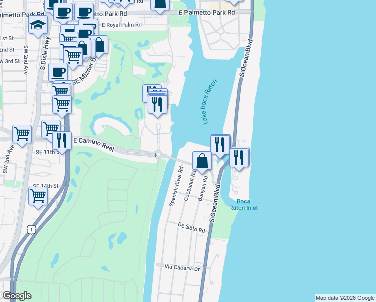 map of restaurants, bars, coffee shops, grocery stores, and more near 701 East Camino Real in Boca Raton