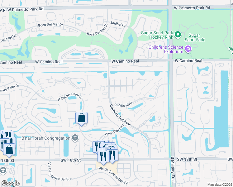 map of restaurants, bars, coffee shops, grocery stores, and more near 5851 Camino Del Sol in Boca Raton