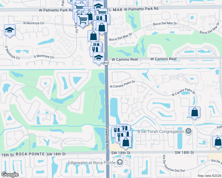 map of restaurants, bars, coffee shops, grocery stores, and more near 6885 Bianchini Circle in Boca Raton